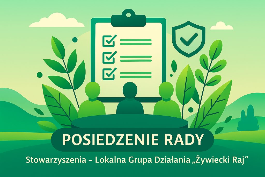 Ilustracja w&nbsp;stylu flat design przedstawia trzy postacie siedzące przy stole na tle zielono-niebieskiego pejzażu z&nbsp;liśćmi i&nbsp;chmurami. W&nbsp;dolnej części grafiki znajduje się napis: &bdquo;Posiedzenie Rady Stowarzyszenia &ndash; Lokalna Grupa Działania Żywiecki Raj&rdquo;.