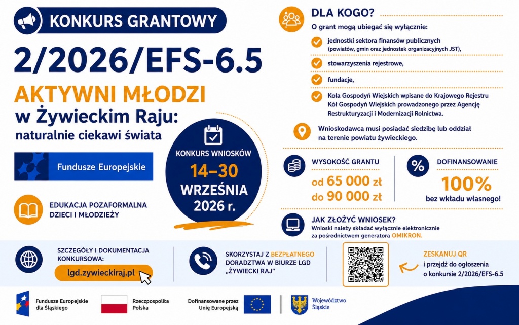 Infografika przedstawiająca najważniejsze informacje o konkursie grantowym nr 2/2026/EFS-6.5 w ramach projektu „AKTYWNI MŁODZI w Żywieckim Raju”. Zawiera informacje o terminie konkursu, wysokości grantu, grupie uprawnionych wnioskodawców oraz kod QR prowadzący do dokumentacji konkursowej