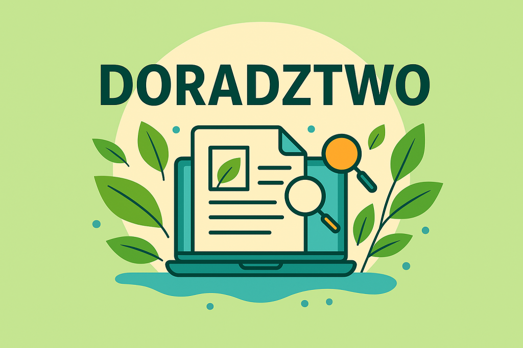 Grafika informacyjna w pastelowej kolorystyce zieleni i błękitu. Na środku widoczny jest duży napis ‘DORADZTWO’. Obok znajduje się symboliczny laptop z dokumentem oraz elementy dekoracyjne w postaci liści i delikatnych błękitnych akcentów, nawiązujące do natury i działalności LGD 