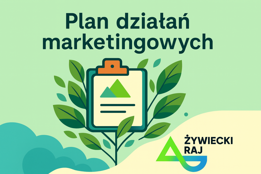 Ilustracja w jasnych, pastelowych odcieniach zieleni i błękitu przedstawia otwarty dokument symbolizujący plan działań marketingowych. Wokół widoczne są delikatne liście i roślinne akcenty na gradientowym tle. Na środku znajduje się napis „Plan działań marketingowych”, a w prawym dolnym rogu umieszczono logo marki „Żywiecki Raj” na jasnym tle.