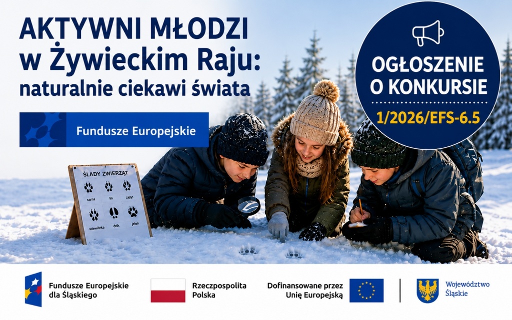 Plakat informujący o ogłoszeniu o konkursie nr 1/2026/EFS-6.5 w ramach projektu „AKTYWNI MŁODZI w Żywieckim Raju: naturalnie ciekawi świata”. Na grafice dzieci podczas zimowych zajęć przyrodniczych rozpoznają ślady zwierząt na śniegu.