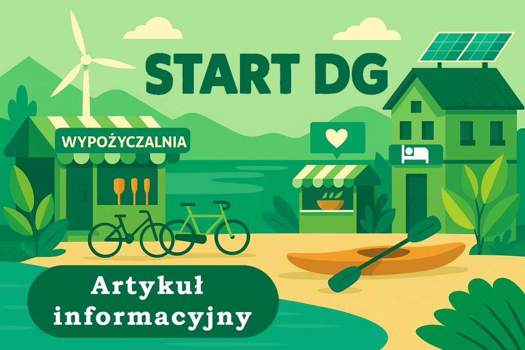 Grafika pokazuje zielony krajobraz z górami, jeziorem i plażą. Na pierwszym planie widać kajak, dwa rowery, wypożyczalnię sprzętu, budkę z jedzeniem i budynek z noclegami z panelami słonecznymi na dachu. Nad całością widnieje duży napis „START DG”. Na dole umieszczono napis „Artykuł informacyjny”. Całość utrzymana jest w zielonej kolorystyce, nawiązującej do natury i ekologii.