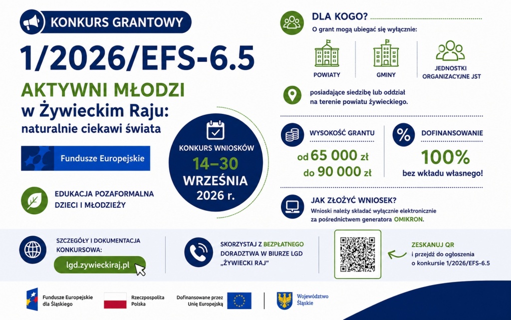 Infografika przedstawiająca najważniejsze informacje o konkursie grantowym nr 1/2026/EFS-6.5 w ramach projektu „AKTYWNI MŁODZI w Żywieckim Raju”. Zawiera informacje o terminie konkursu, wysokości grantu, grupie uprawnionych wnioskodawców oraz kod QR prowadzący do dokumentacji konkursowej.