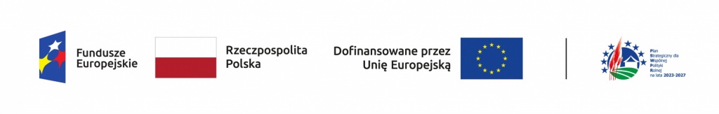 Grafika przedstawia zestaw logotyp&oacute;w: Fundusze Europejskie, Rzeczpospolita Polska, Unia Europejska oraz Plan Strategiczny dla Wsp&oacute;lnej Polityki Rolnej na lata 2023&ndash;2027.