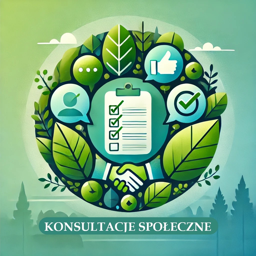 Grafika przedstawia okrąg wypełniony zielonymi liśćmi, wewnątrz którego znajdują się ikony: dymek rozmowy, sylwetka osoby, znak zatwierdzenia, kciuk w górę, lista z haczykami oraz uścisk dłoni. Całość utrzymana jest w zielonej kolorystyce, na tle jasnego nieba i zarysów drzew.