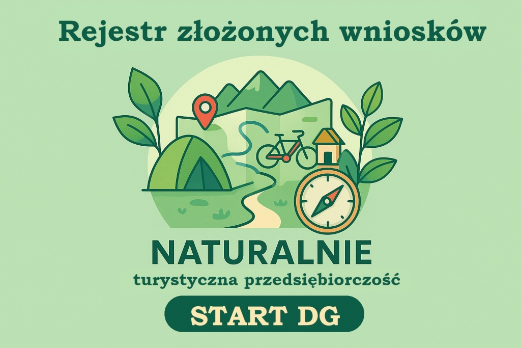 „Grafika informacyjna z napisem: Rejestr złożonych wniosków – Naturalnie turystyczna przedsiębiorczość. W tle ilustracje symbolizujące turystykę: namiot, mapa z górami, rower, domek, kompas i rośliny. Na dole przycisk z napisem: START DG.”
